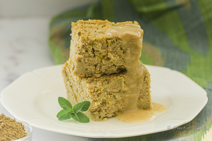 Two slices of dressing topped with turkey gravy