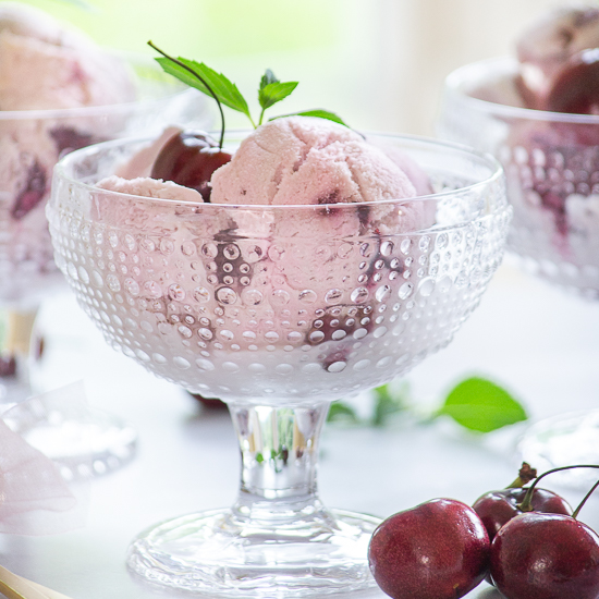 A dish of black cherry ice cream