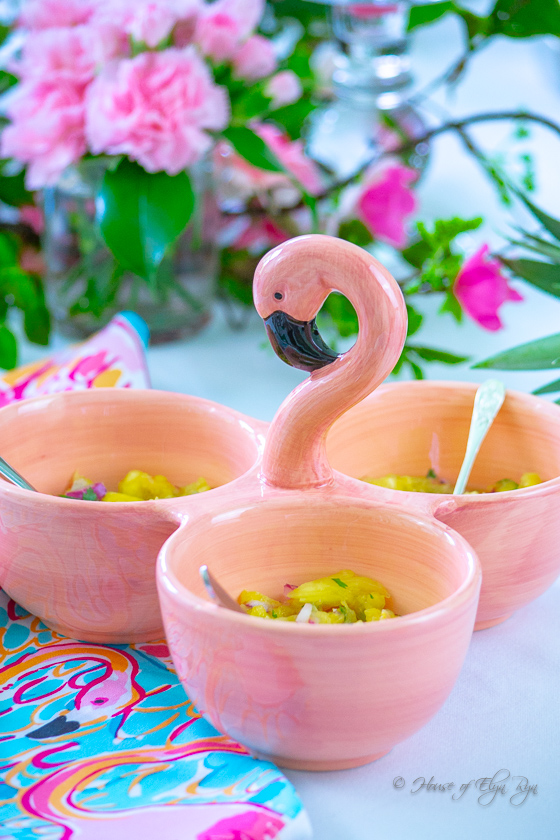 Pineapple Salsa in a flamingo serving