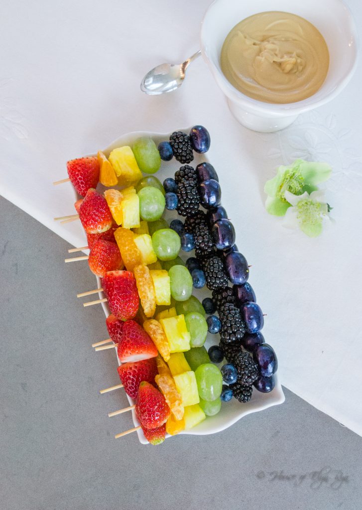Rainbow Fruit Skewers with dipping sauce
