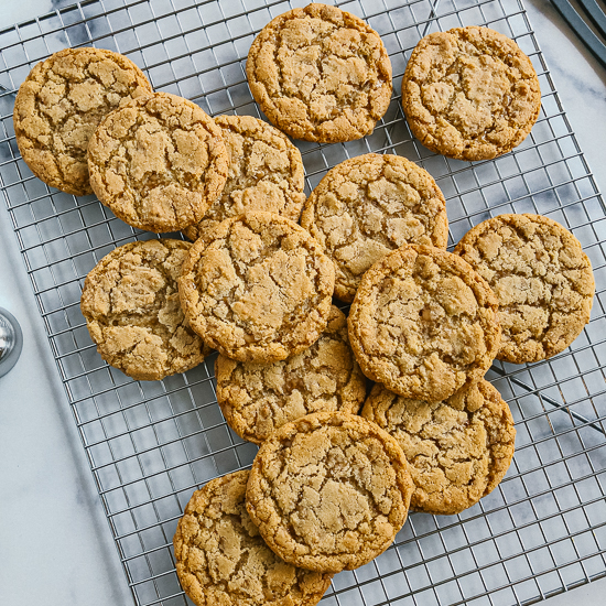 Chewy Toffee Cookies on a cooling rack