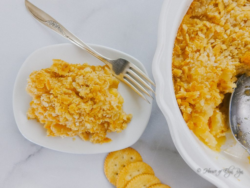 A serving of pineapple casserole
