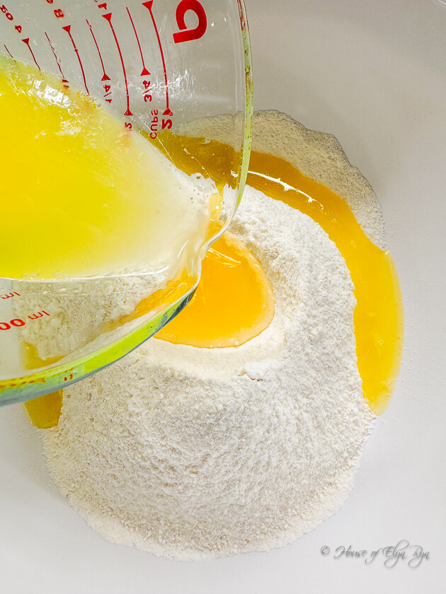 Butter and eggs added to dry ingredients