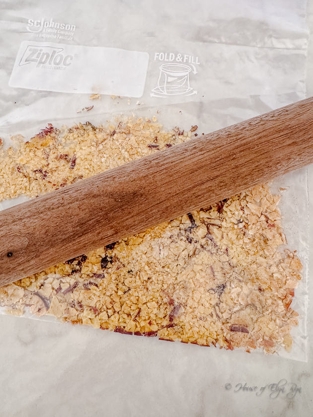 Apple chips crushed with a rolling pin