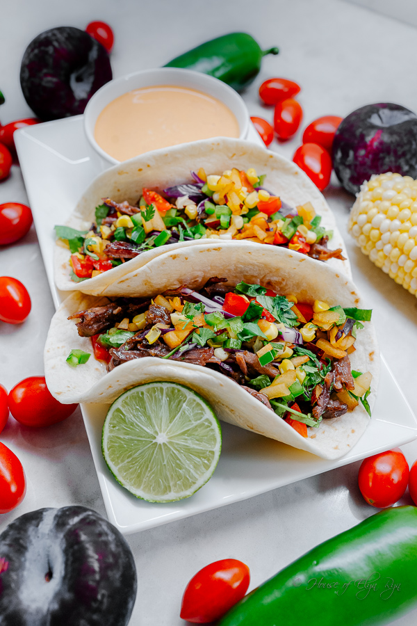 Beef Short-
Rib Tacos with Plums